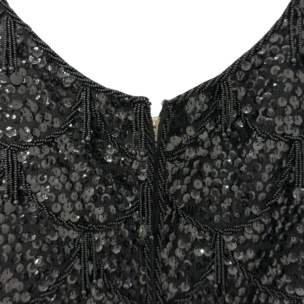 Vintage 70s Black Sequin Scallop Beaded Fringe Black Crop Wool Tank Top size M - Picture 7 of 9